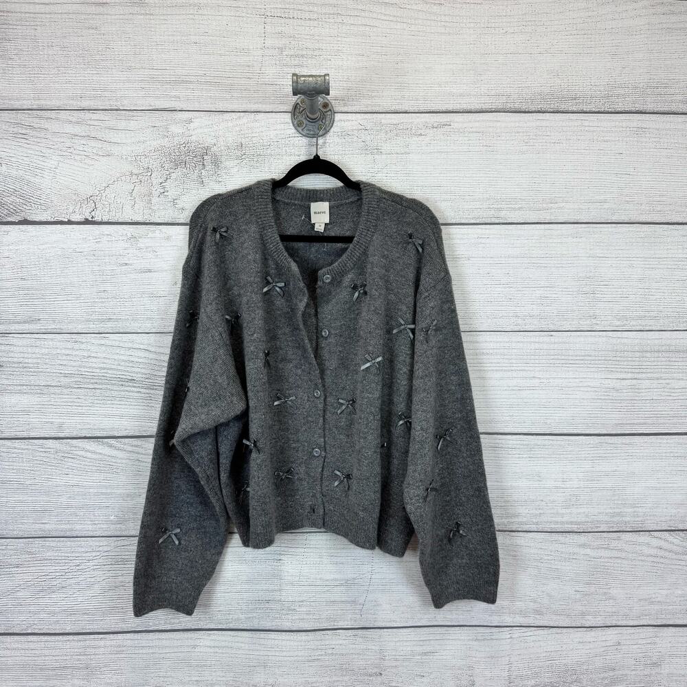 Anthropologie Maeve Charcoal Gray Bow Embellished Button-Front Cardigan